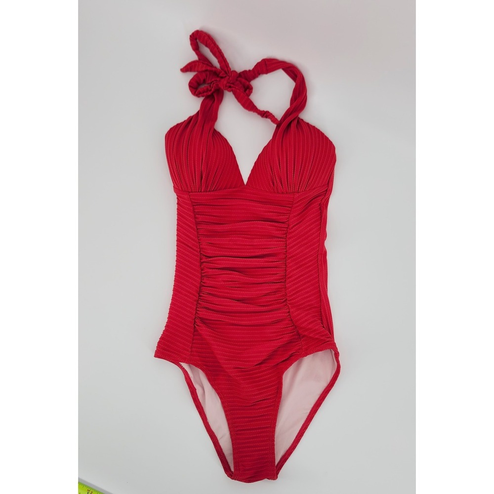Cupshe Pink Ribbed Ruched One Piece Swimsuit Long Torso Tummy Control Halter XS